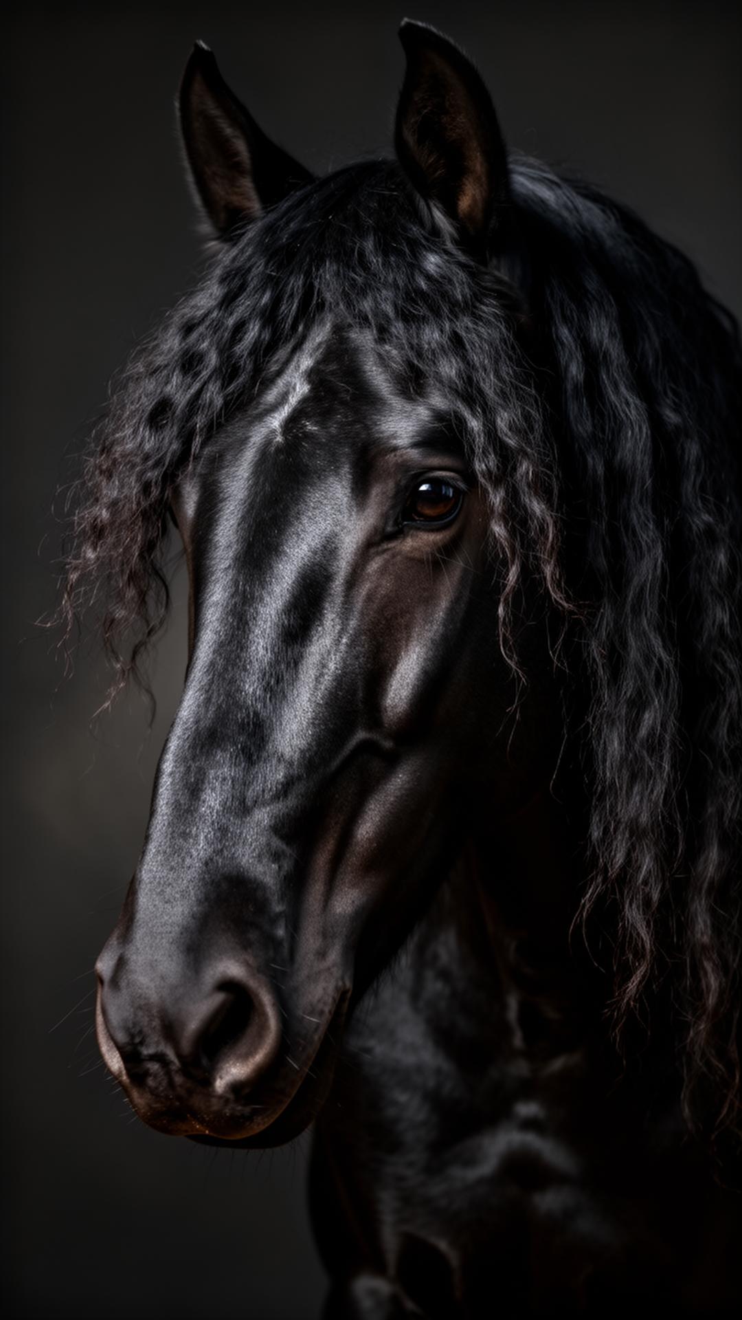 Head and neck of a black horse lit against a dark background