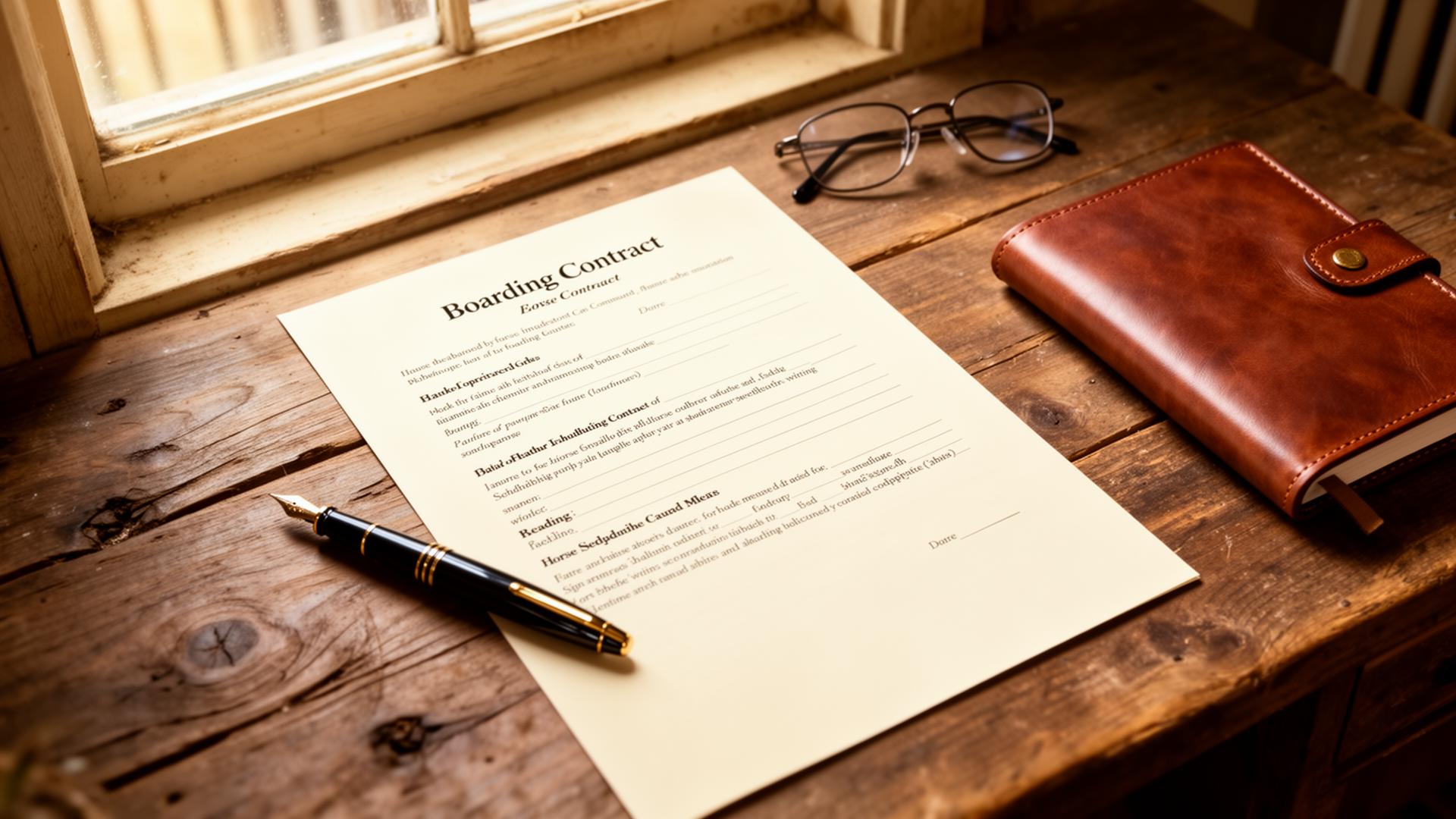 Horse boarding contract on a wooden desk with fountain pen and reading glasses