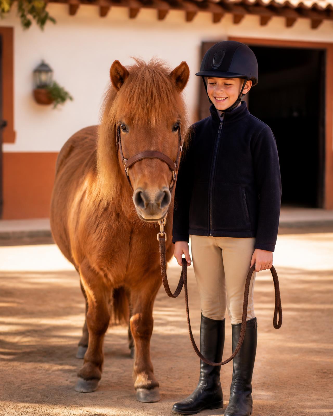 Child in riding clothes standing beside a chestnut pony outside a stable