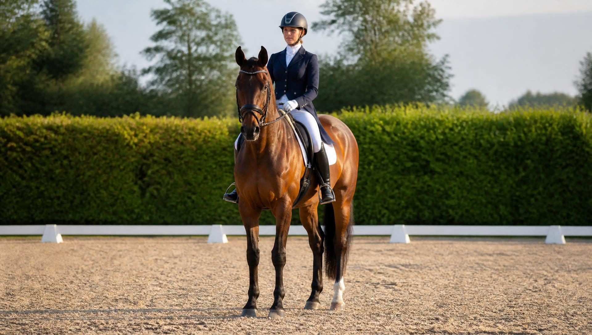 Rider competing on a bay horse in a sand arena