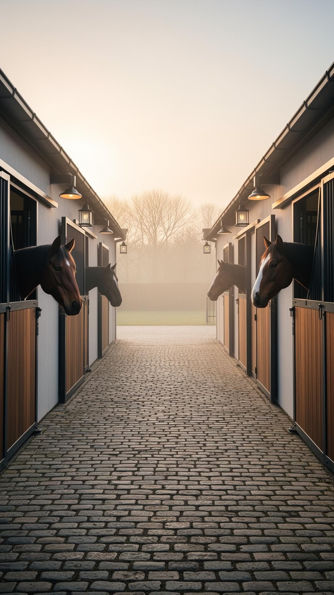 Misty stable aisle with horses looking out over their stable doors