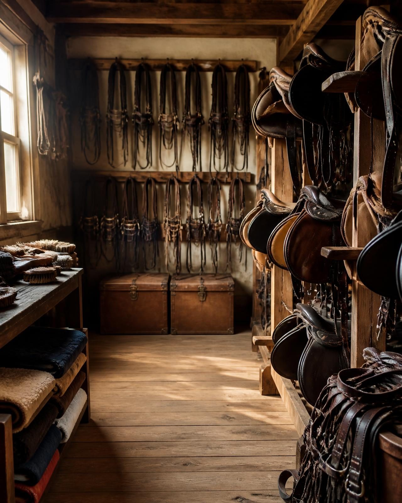 Tack room hung with leather bridles and saddles