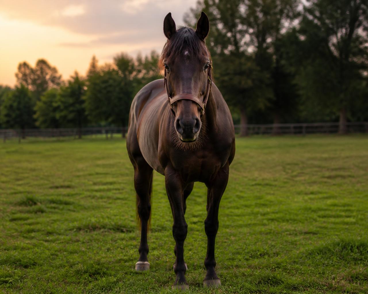 Dark bay horse standing in a green pasture