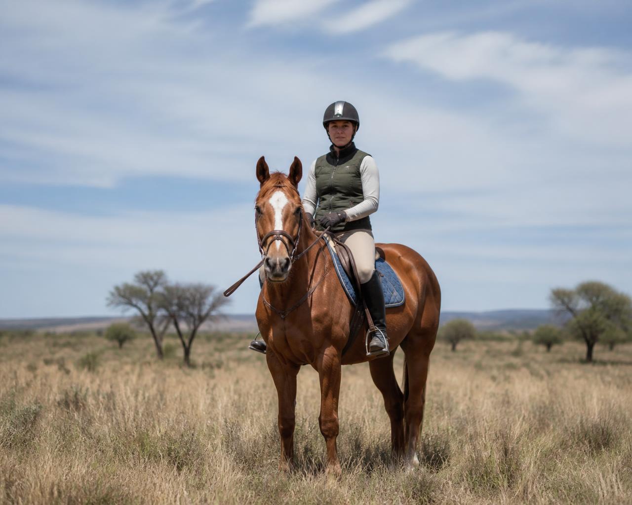 Rider on a chestnut horse crossing open grassland