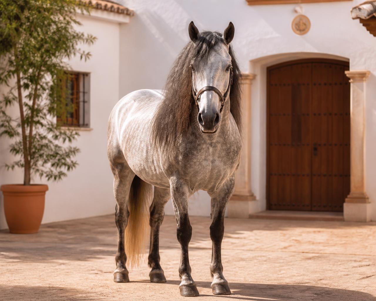 Grey Spanish horse standing in a whitewashed courtyard