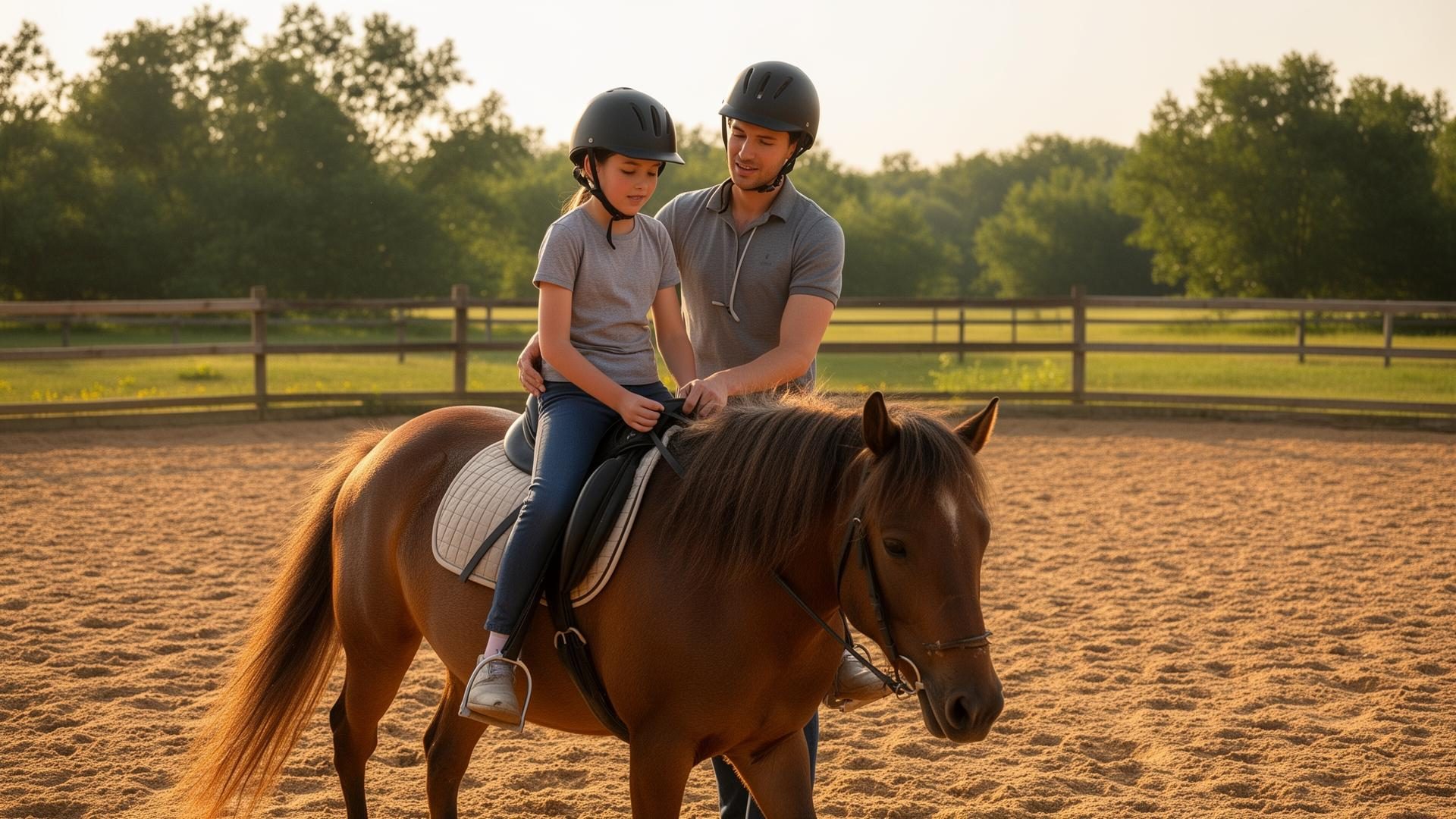 Adult leading a pony with a child rider in an outdoor arena