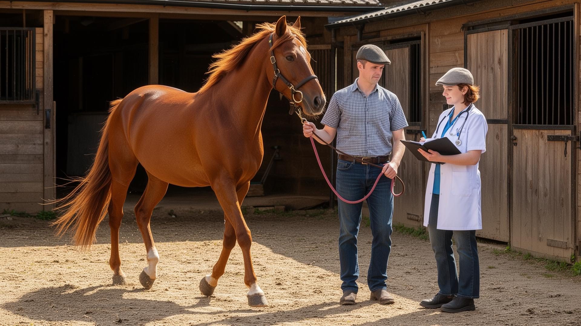 Two people looking over a chestnut horse with a vet in a stable yard