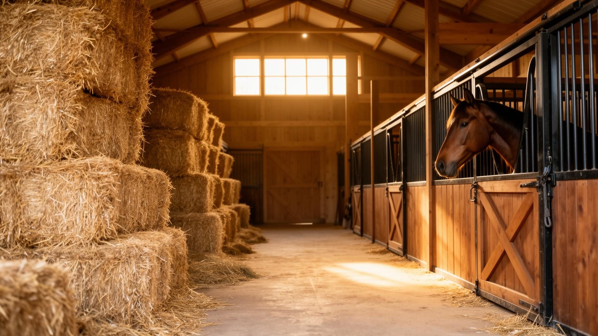 Barn interior with stacked hay bales and a horse looking out of a stall