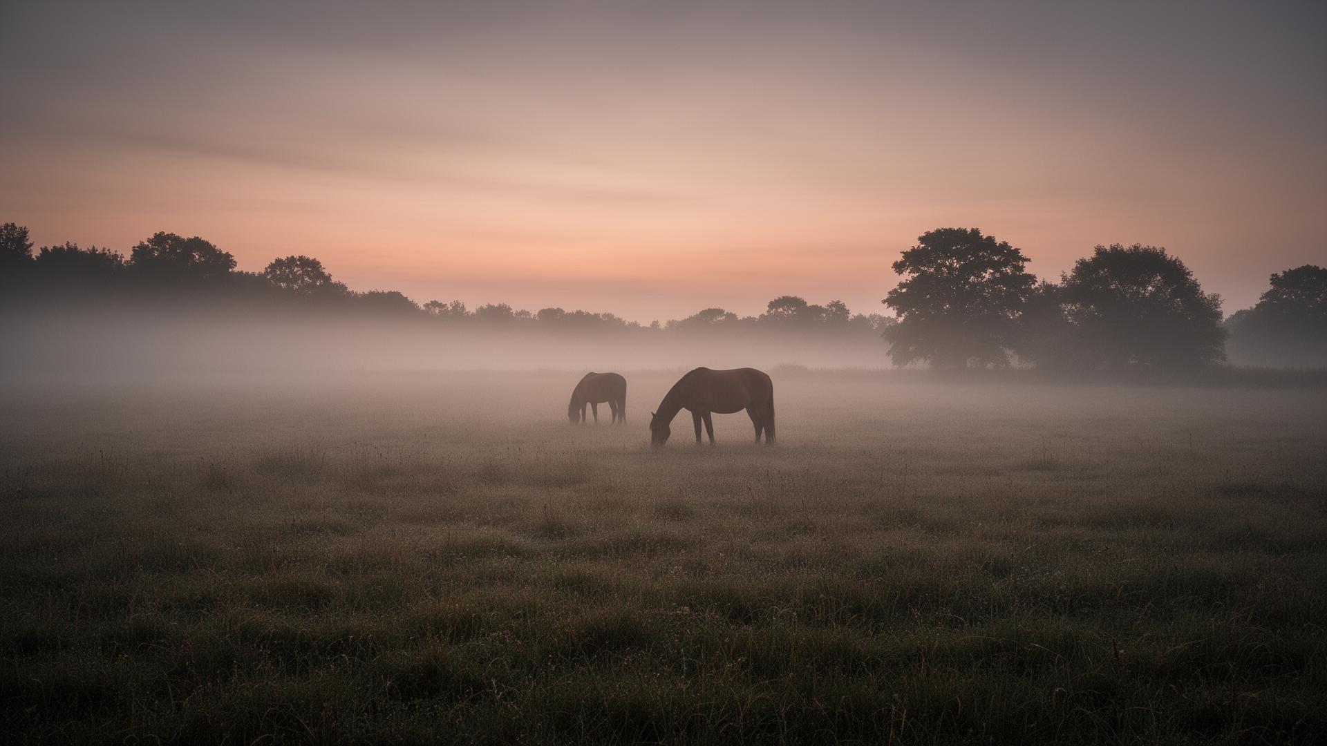 Two horses grazing in a misty field at dawn