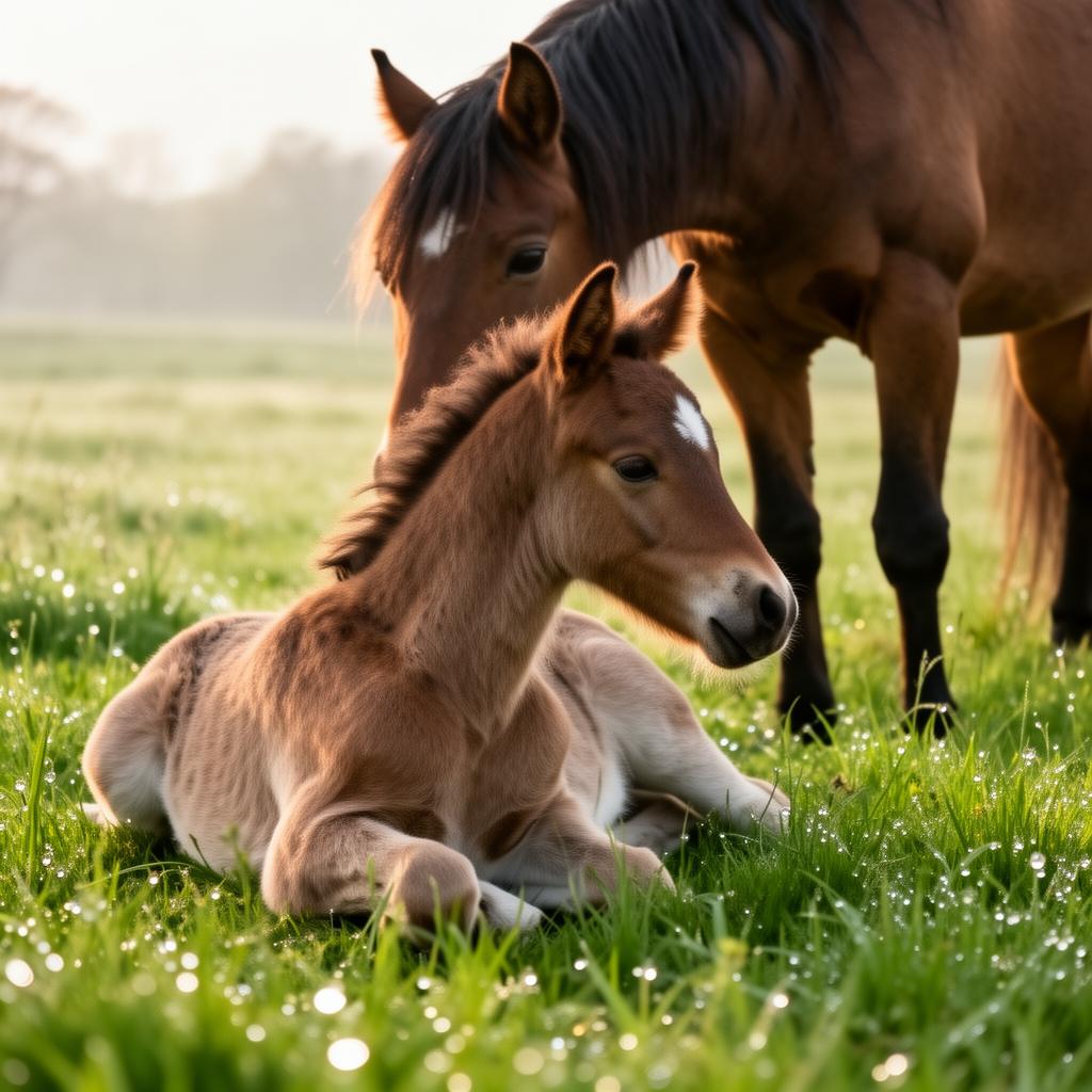 Two horses running in green hills