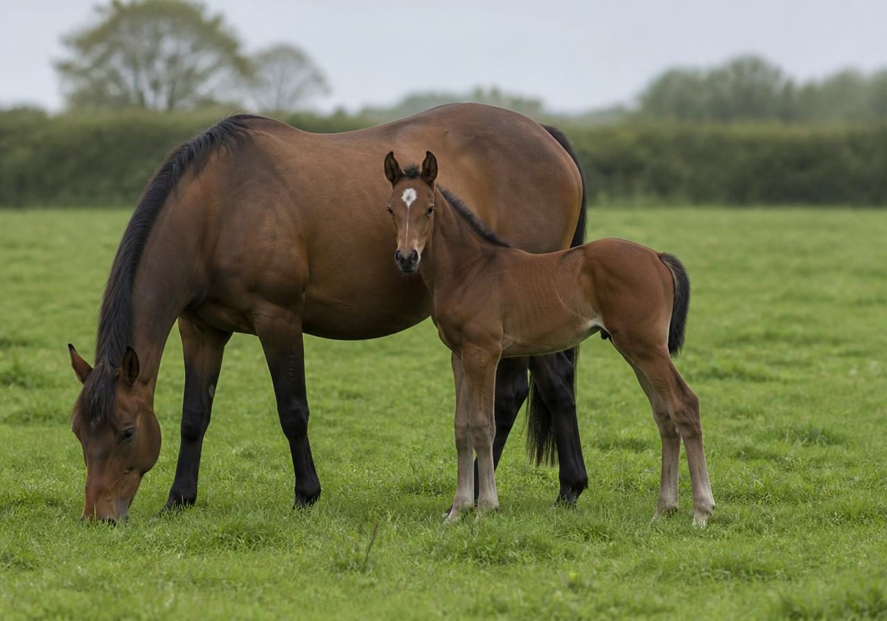 Bay mare grazing in a green pasture with her foal standing beside her