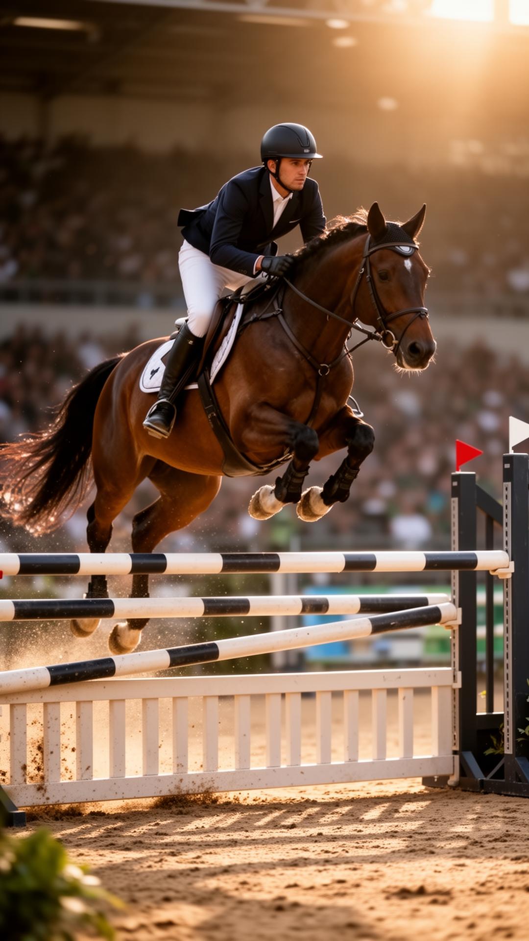 Horse and rider clearing a show jump in an outdoor arena